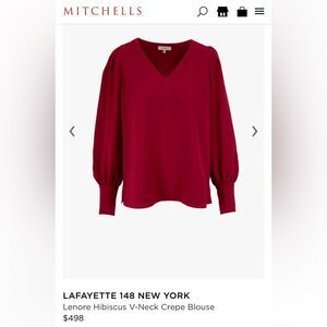 Lafayette 148 Lenore Hibiscus V-Neck Crepe Blouse Puff Sleeve Button Cuff Small